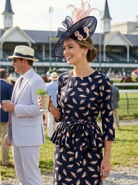All That Jazz Navy Dress with Blush Feather Print Kentucky derby friendly 7/8